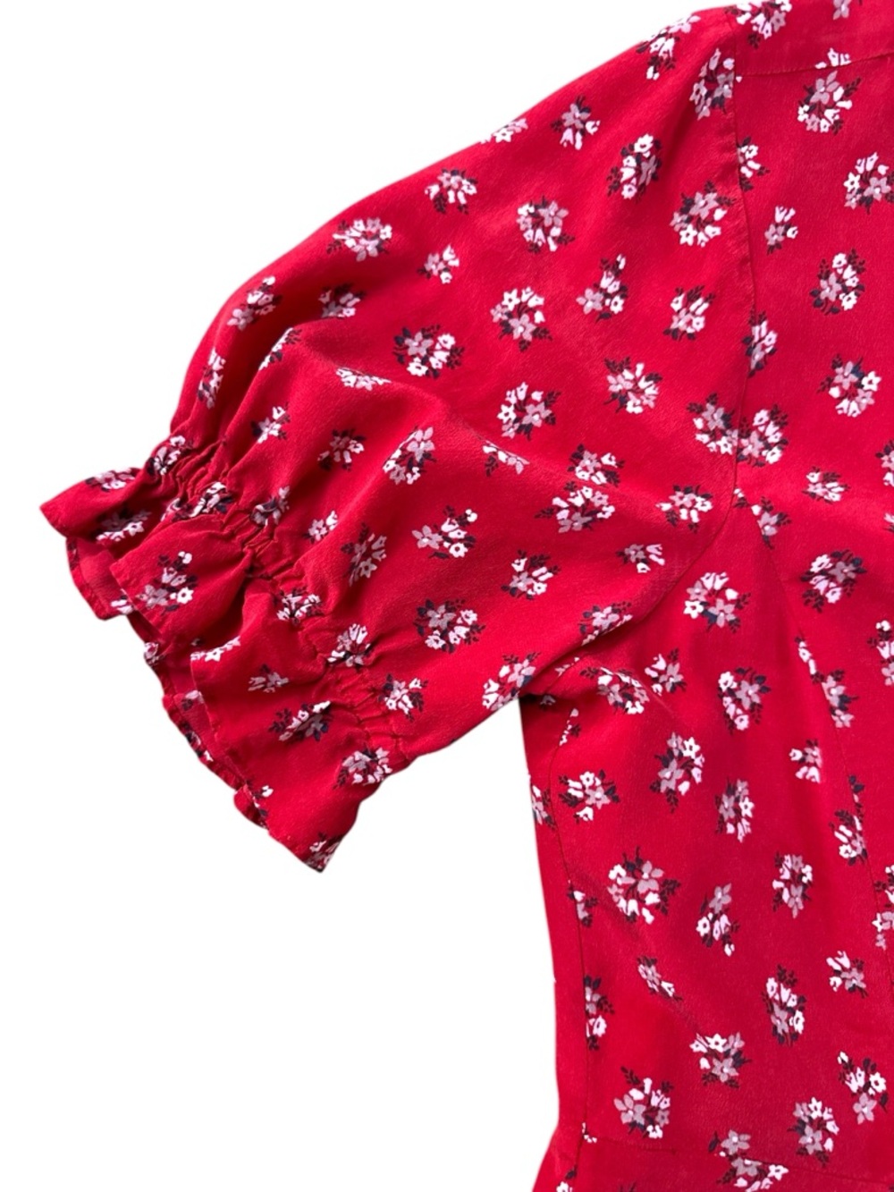MADEWELL Red and White Floral Silk Button Front Ruffle Sleeve Silk Mini Dress - Picture 5 of 6